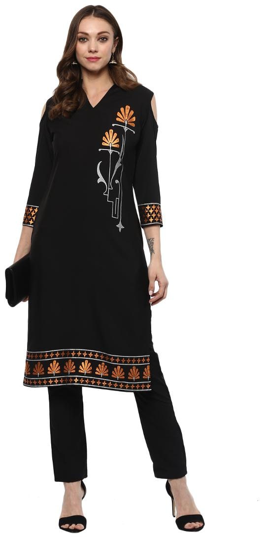 

ZIYAA Women Black Floral Straight Kurta