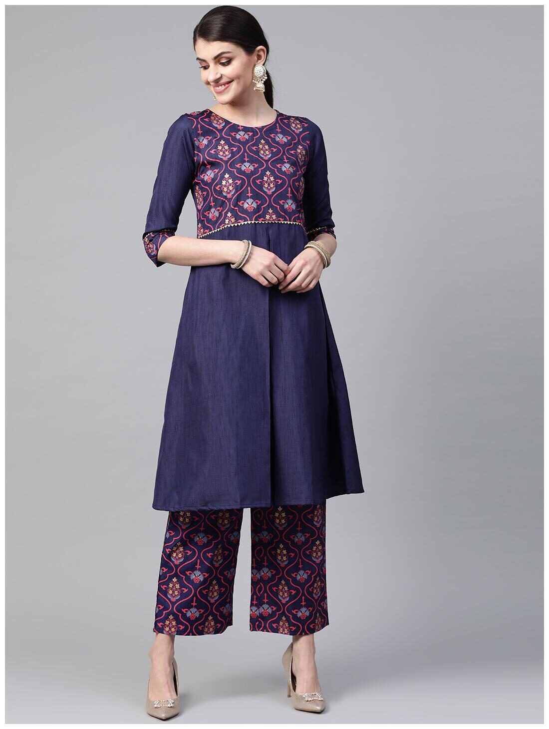 

ZIYAA Women Navy Blue Floral Flared Kurta With Palazzo