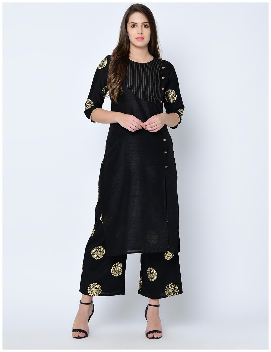 

Ziyaa Women Black Foil Print Straight Art Silk Kurta Palazzo Set