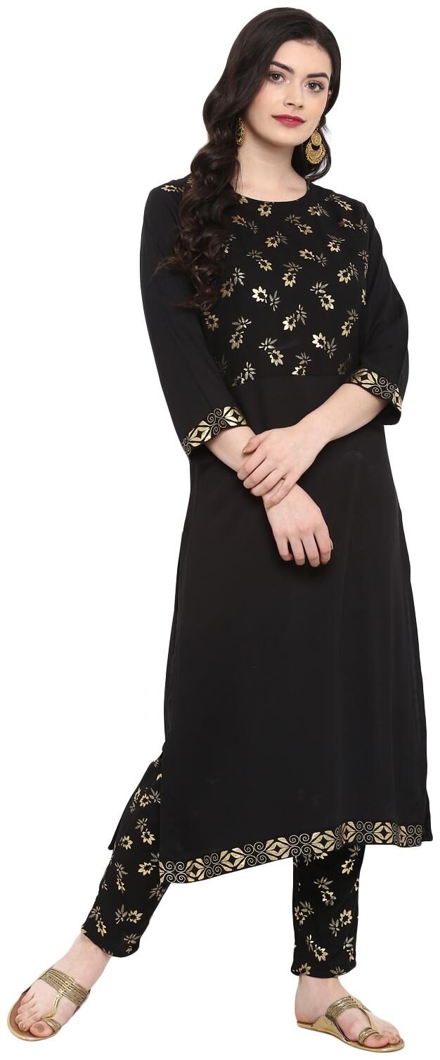 

Ziyaa women Black Color Foil Print straight Rayon Kurta Pant Set