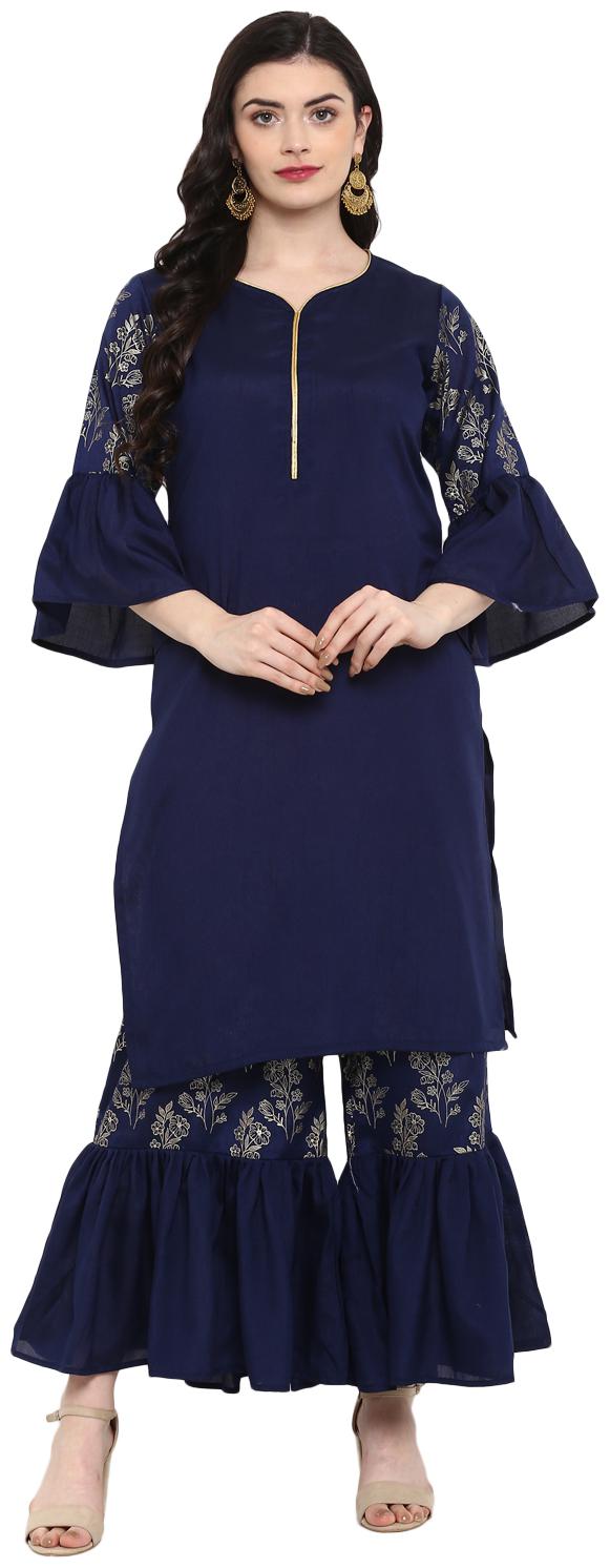 

Ziyaa women Blue Color Foil Print Straight Polysilk Kurta Sharara Set