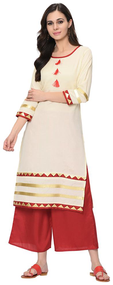 

Ziyaa Women Polyester Solid Kurta With Palazzo (Beige Red)
