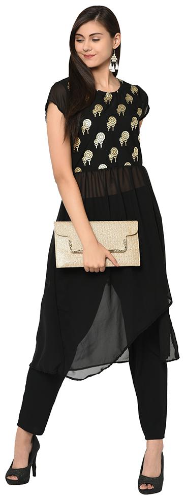 

Ziyaa Women Black Color A-Line Foil Print Kurta Pant Set