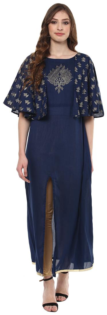 

Ziyaa Women s Blue Coloured Foil Ethnic Printed Aline Poly Silk Festive Wear Kurta With Attached Foil Printed Cape