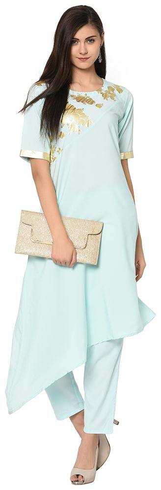 ZIYAA Women Blue Printed Assymetrical Kurta