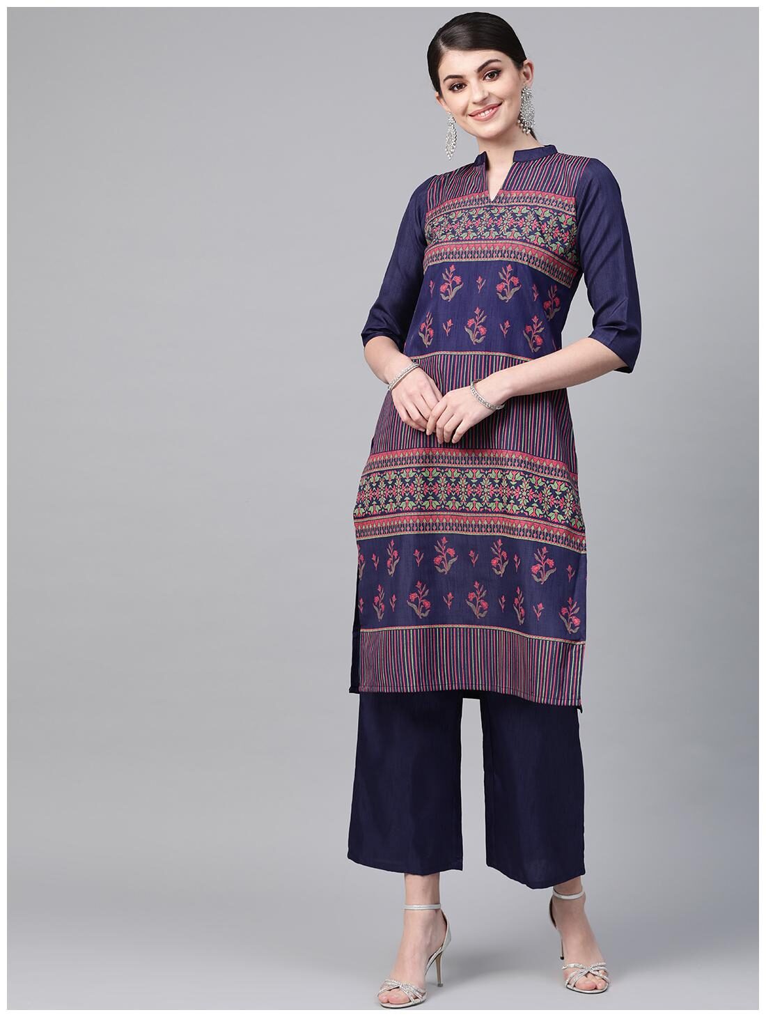 

ZIYAA Women Navy Blue Floral Straight Kurta With Palazzo