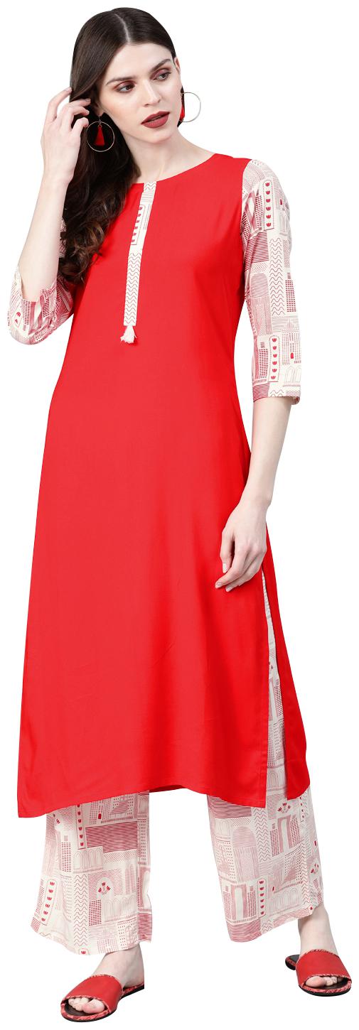 

ZIYAA Women Red Printed Straight Kurta With Palazzo