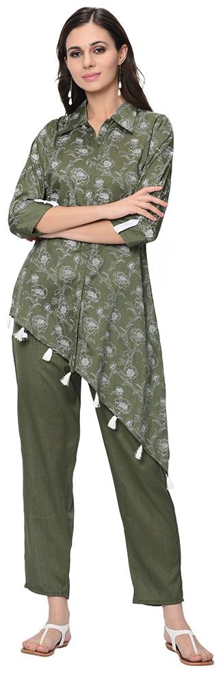 

Ziyaa Women Polyester Floral Kurta With Pants (Green)