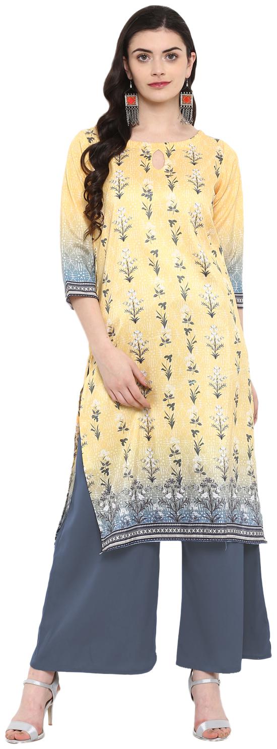 

Ziyaa women Yellow and Grey Color Digital Print straight polysilk Kurta Palazzo Set