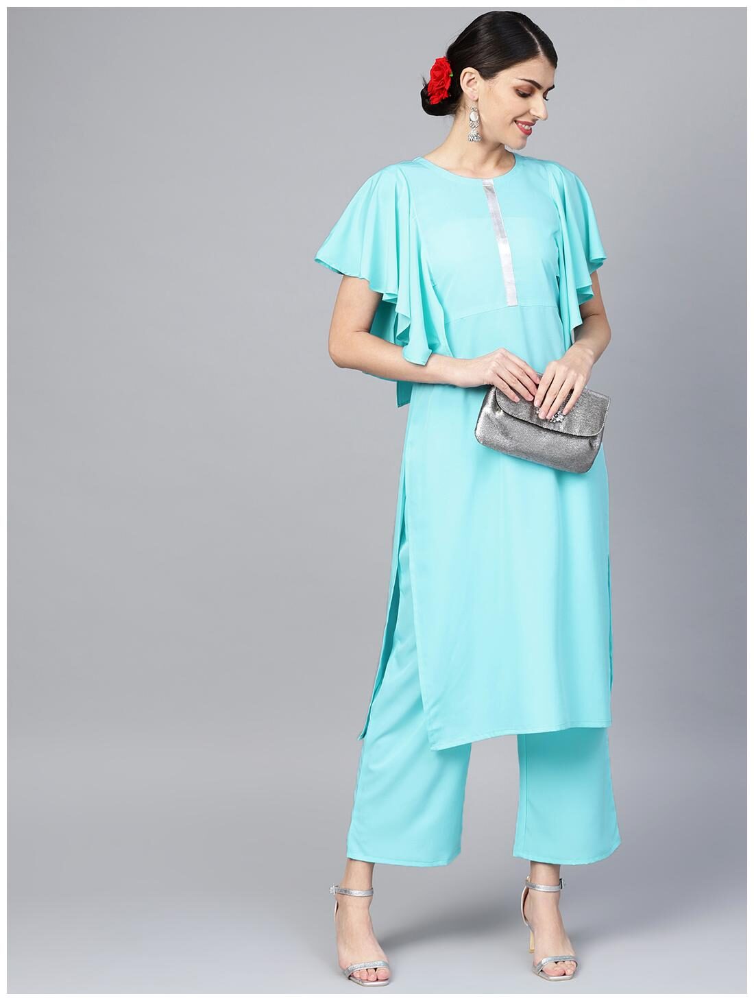 

ZIYAA Women Crepe Solid Blue Kurta With Palazzo