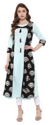 

Ziyaa Women s Sky Blue Multi Colour 3 4Th Sleeve Crepe Flared Kurta