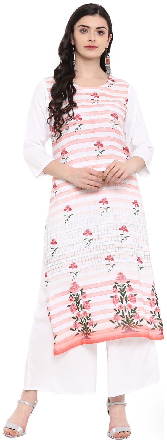 

Ziyaa women Peach and White Color Digital Print straight Rayon Kurta Palazzo Set