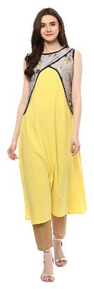 

Ziyaa Women s Yellow Colour Sleeveless Crepe Flared Kurta with Jacket