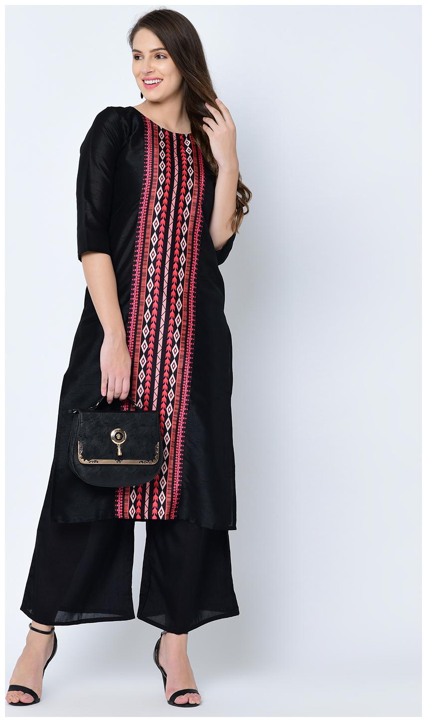 

Ziyaa Women Black Digital Print Straight Art Silk Kurta Palazzo Set