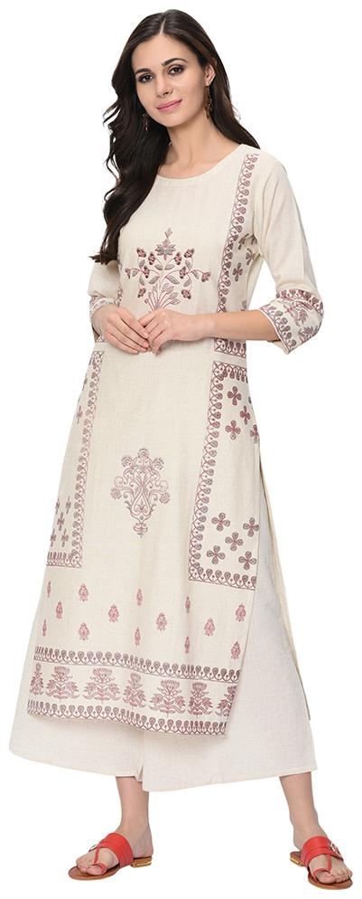 

Ziyaa Women Cotton Printed Kurta With Palazzo (Beige)
