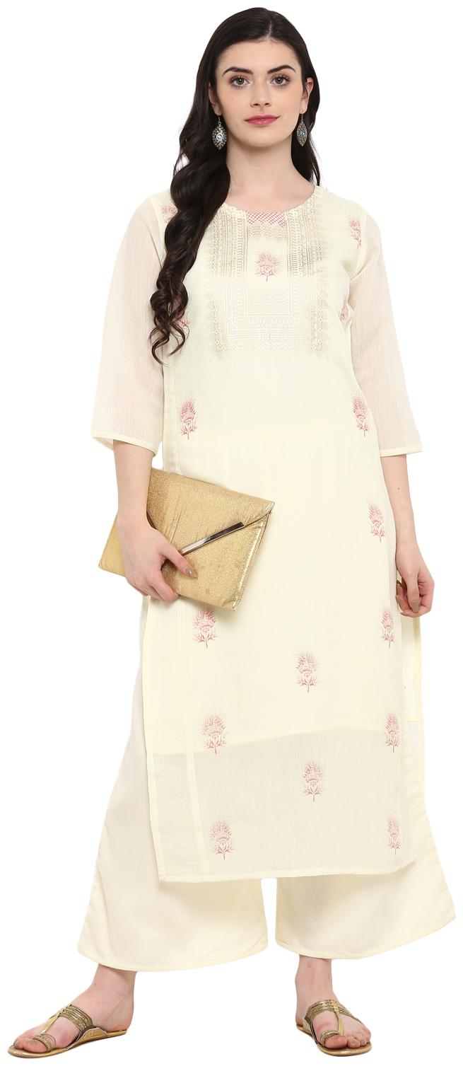 

ZIYAA Women Off White Floral Straight Kurta