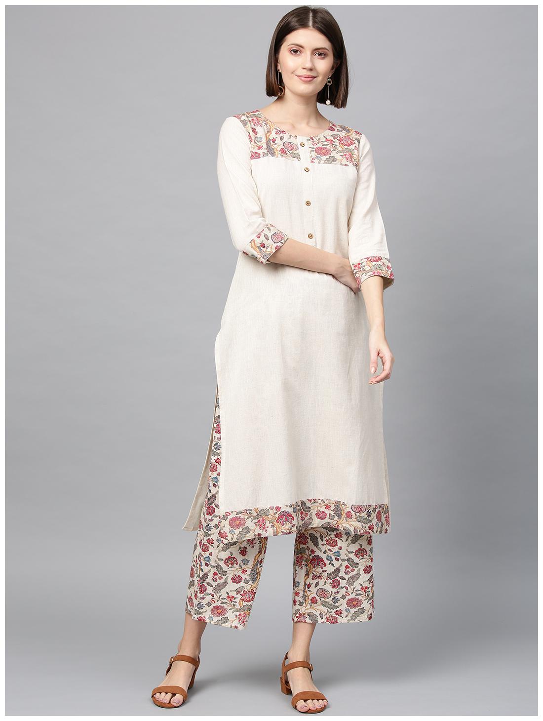 

ZIYAA Women Cotton Floral Off White Kurta With Palazzo