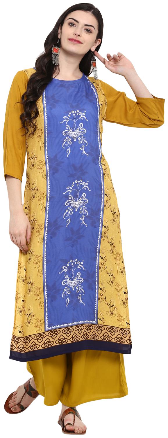 

Ziyaa women Mustard and blue Color Digital Print straight Rayon Kurta Palazzo Set