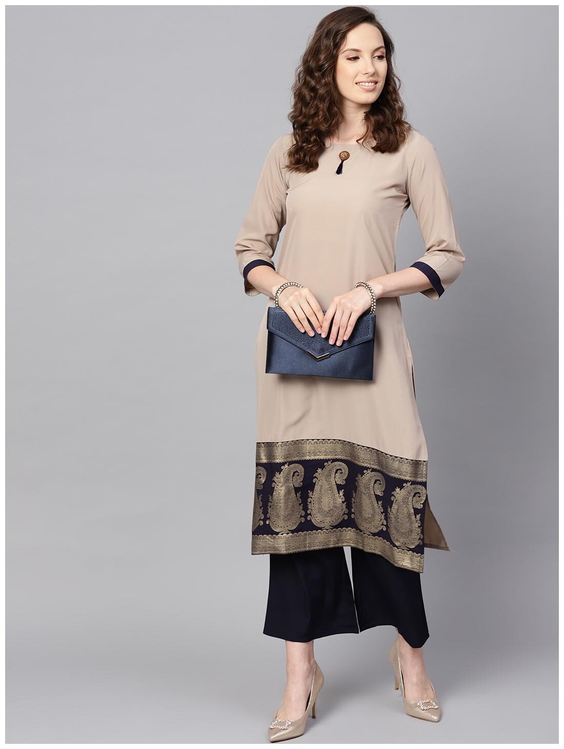 

ZIYAA Women Crepe Paisley Beige Kurta With Palazzo