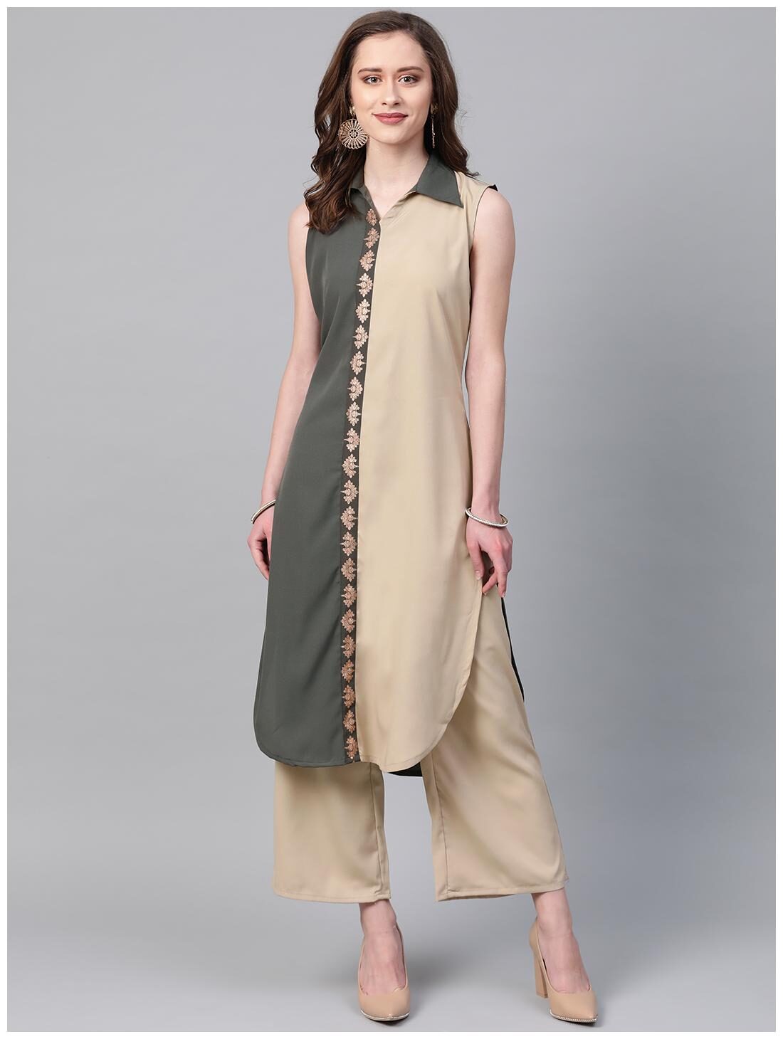 

ZIYAA Women Grey Green Solid Straight Kurta With Palazzo