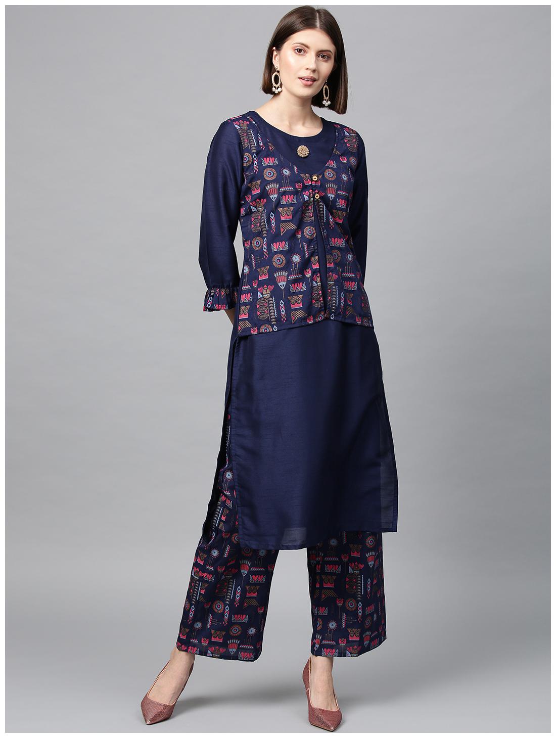 

ZIYAA Women Polyester Ethnic Motifs Navy Blue Kurta With Palazzo