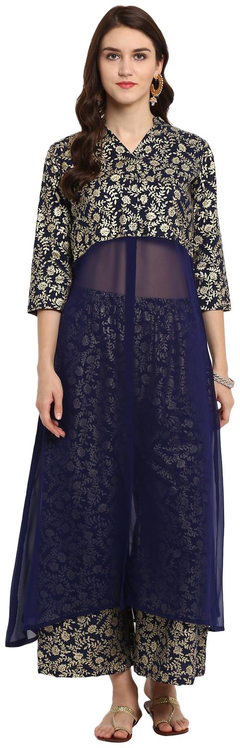 

Ziyaa Women s Blue Color Flared Foil Print Kurta