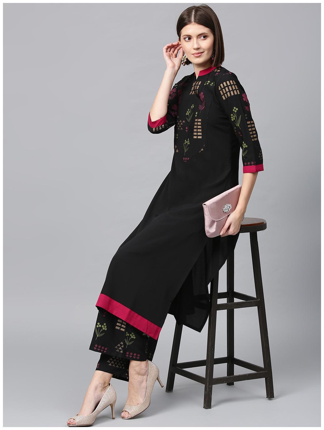 

ZIYAA Women Black Floral Straight Kurta