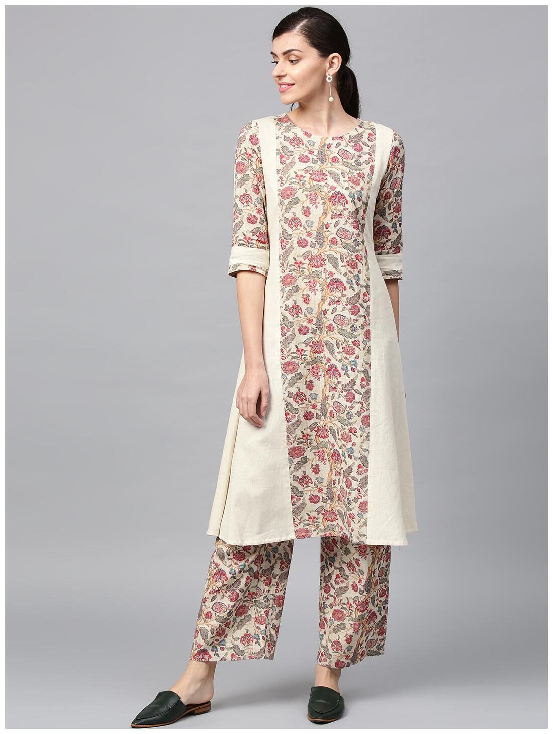 

ZIYAA Women Cotton Floral Off White Kurta With Palazzo