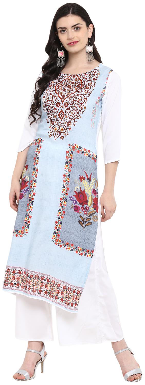 

Ziyaa women Blue and White Color Digital Print straight Rayon Kurta Palazzo Set