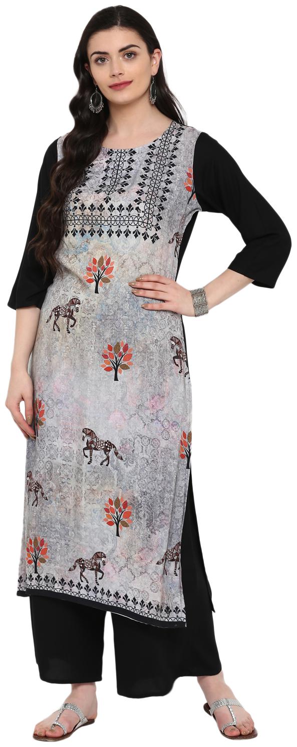 

Ziyaa women Grey and black Color Digital Print straight Rayon Kurta Palazzo Set