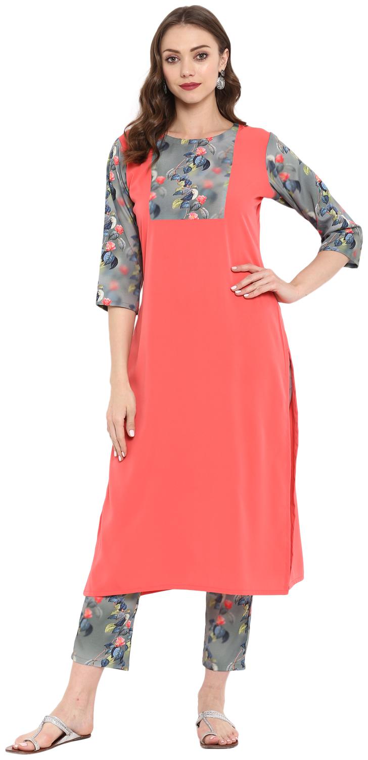 

Ziyaa women Peach and grey Color Digital Print Straight crepe Kurta Pant Set