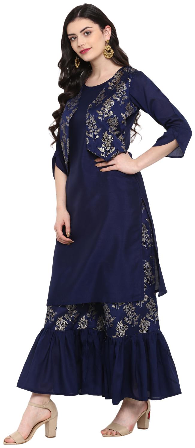 

ZIYAA Women Blue Floral Straight Kurta With Sharara