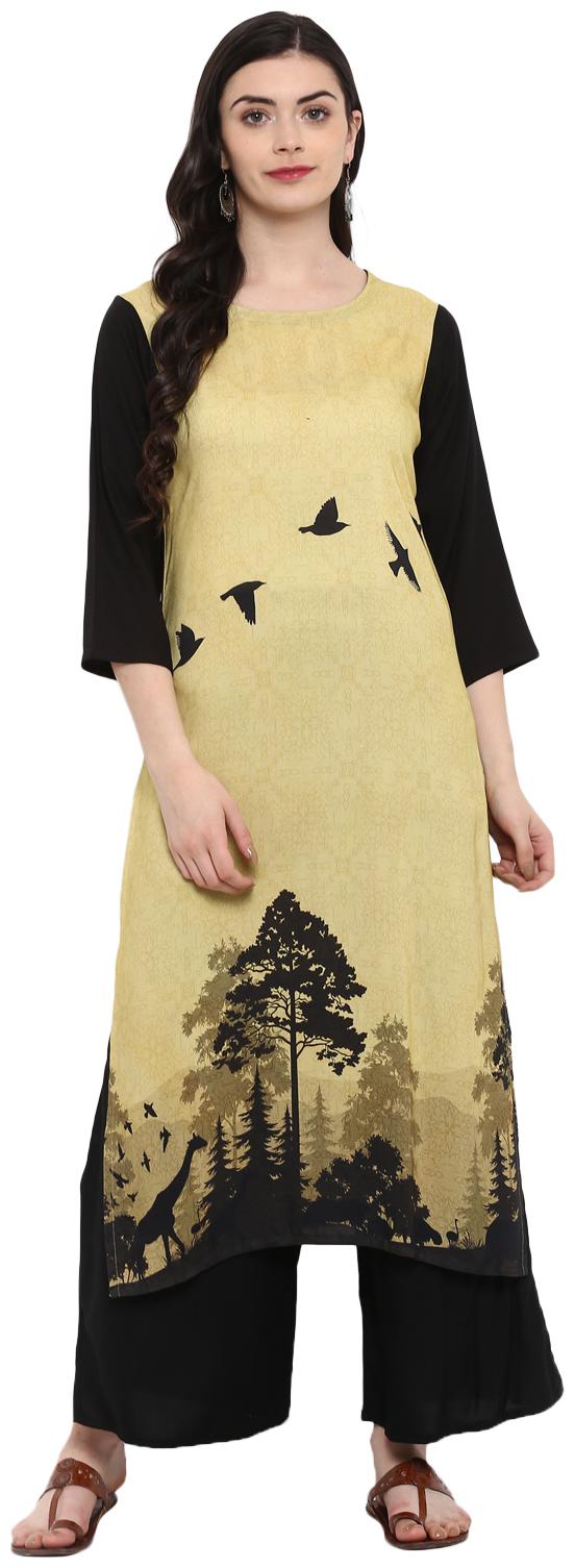 

Ziyaa women Beige black Color Digital Print straight Rayon Kurta Palazzo Set