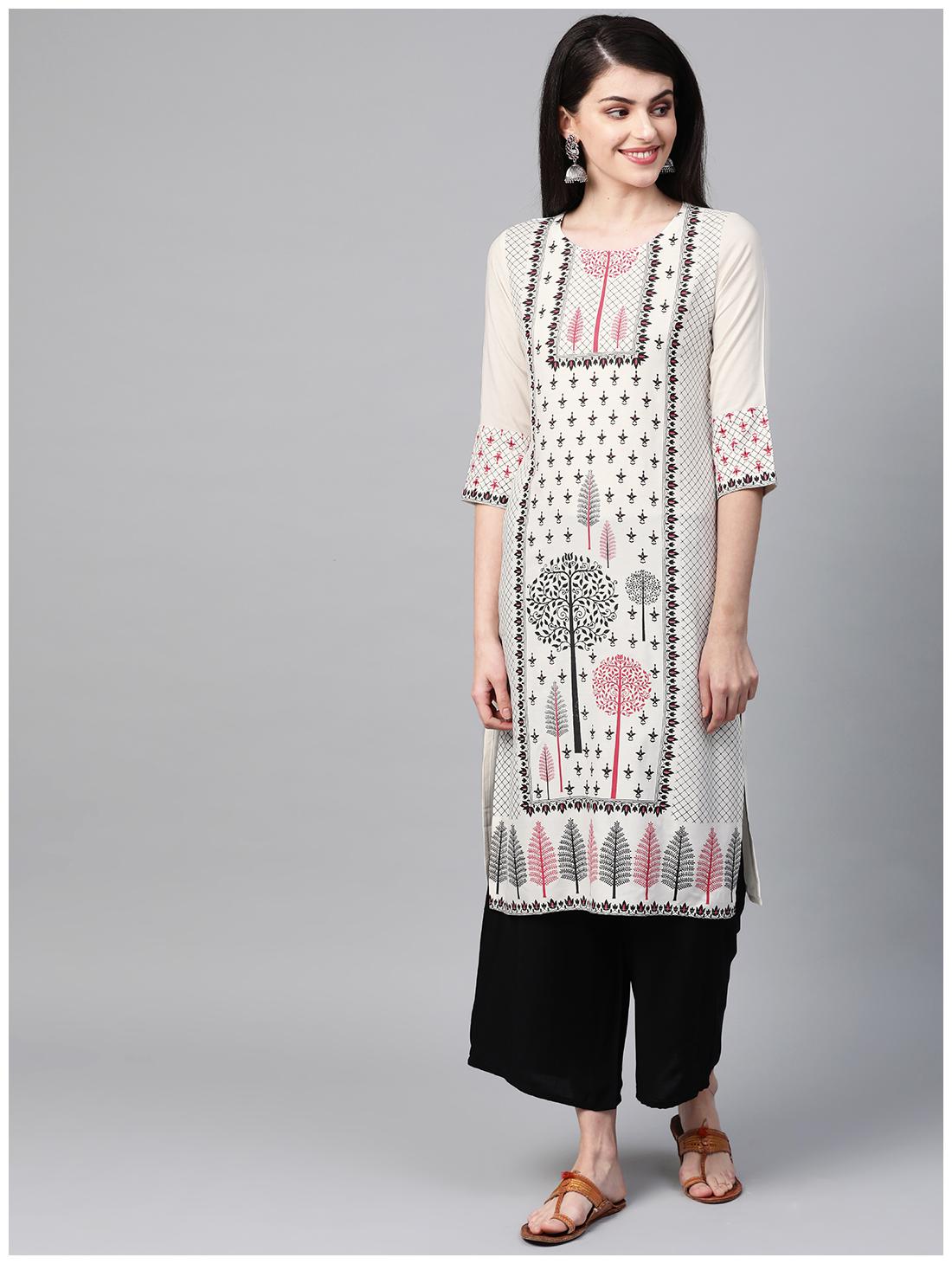 

ZIYAA Women Cream Ethnic Motifs Straight Kurta With Palazzo