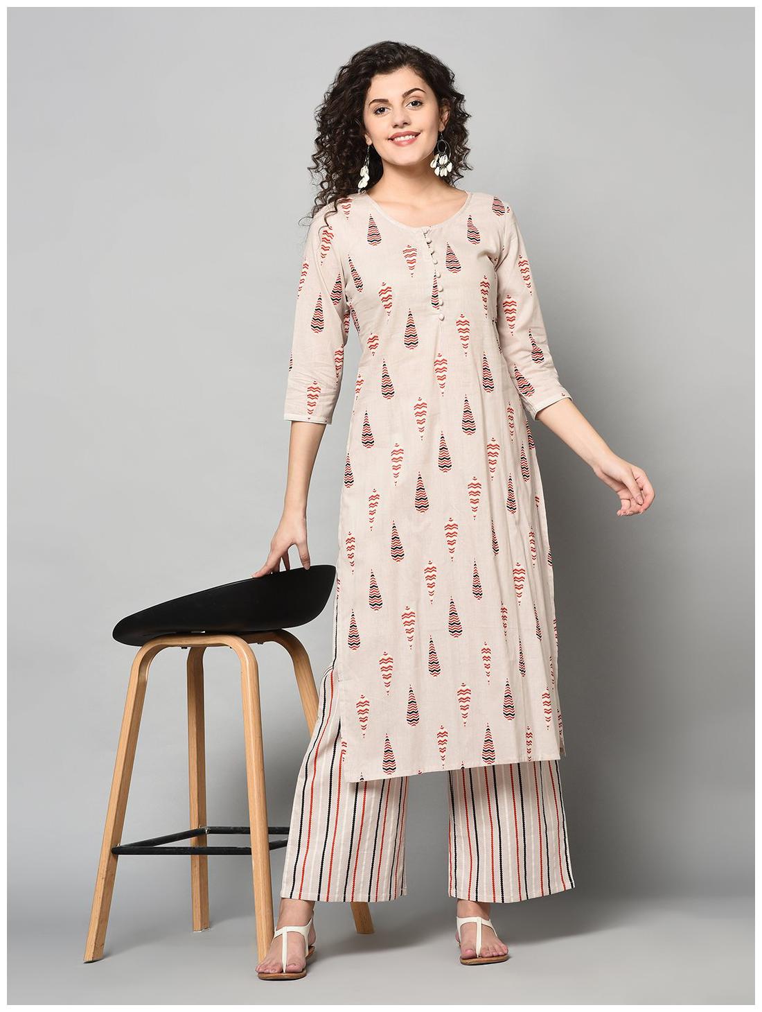 

ZNX Clothing Cotton Printed Cream Color Kurta Palazzo for Women