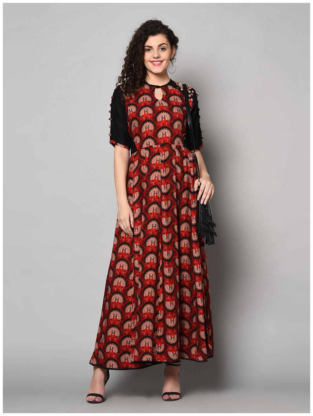 

ZNX Clothing Cotton Blend Red Printed Gown For Women