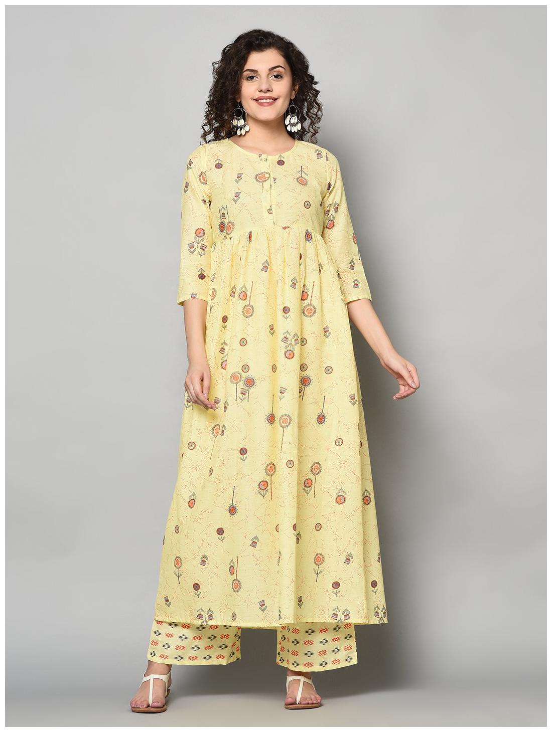 

ZNX Clothing Cotton Printed Yellow Color Kurta Palazzo for Women