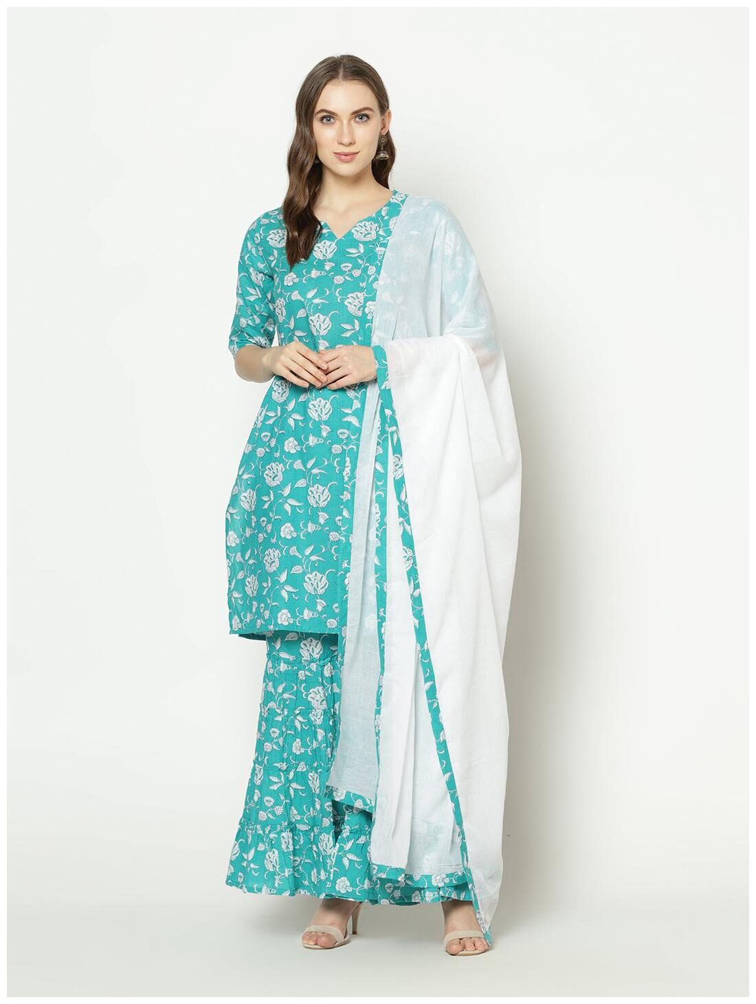 

ZNX Clothing Women Turquoise Floral Regular Kurta With Palazzo And Dupatta