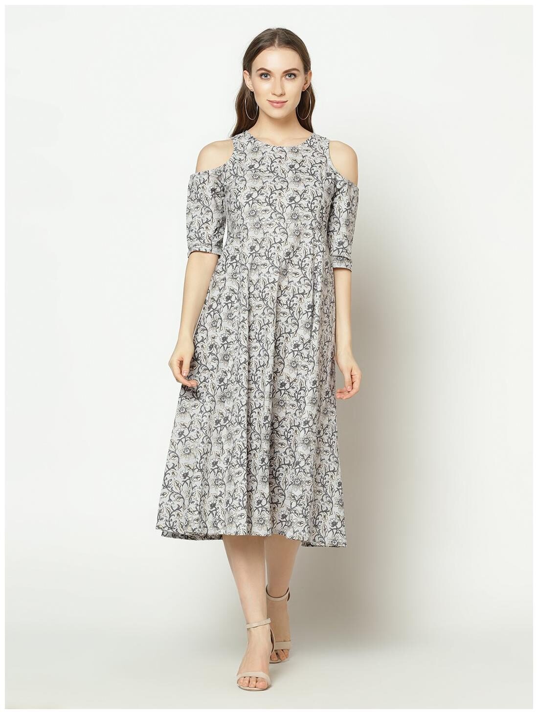 

ZNX Clothing Women Cotton Floral Grey Kurta Dress
