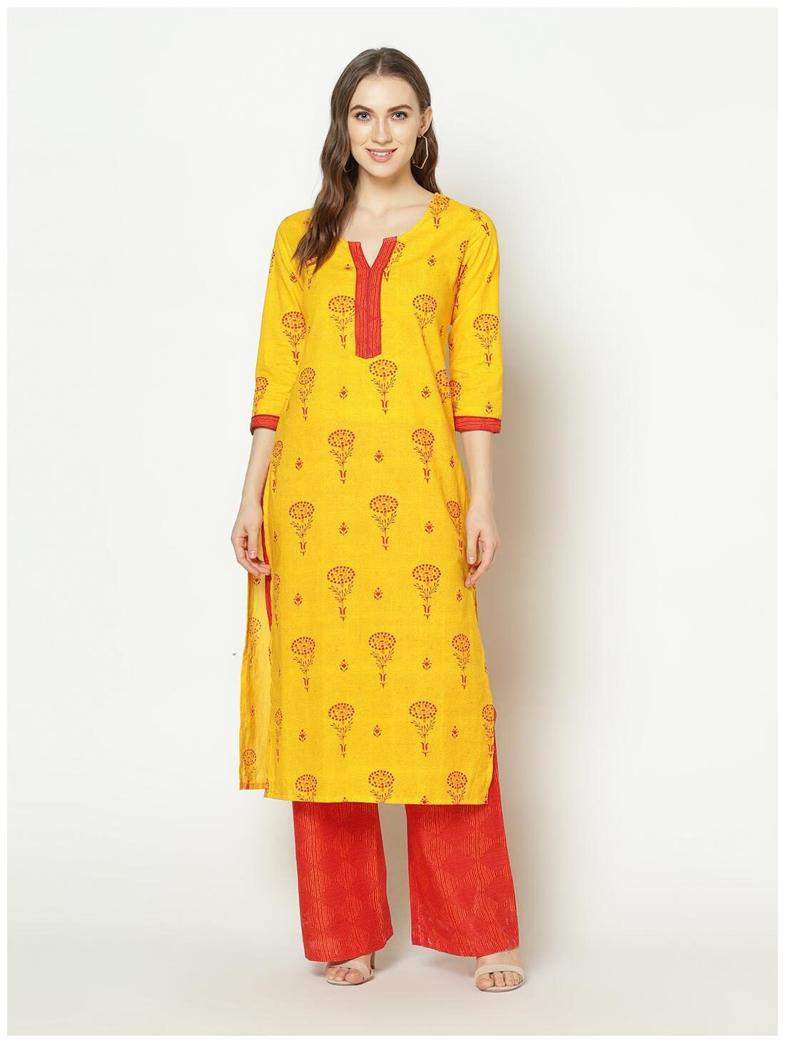 

ZNX Clothing Women Yellow Floral Straight Kurta With Palazzo