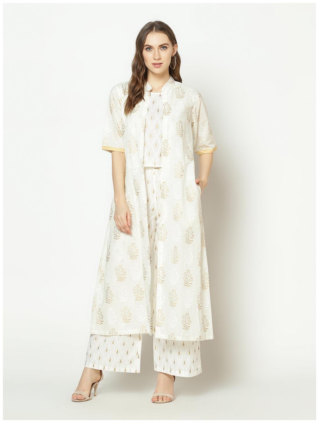 

ZNX Clothing Women Cotton Floral White Top Palazzo With Jacket