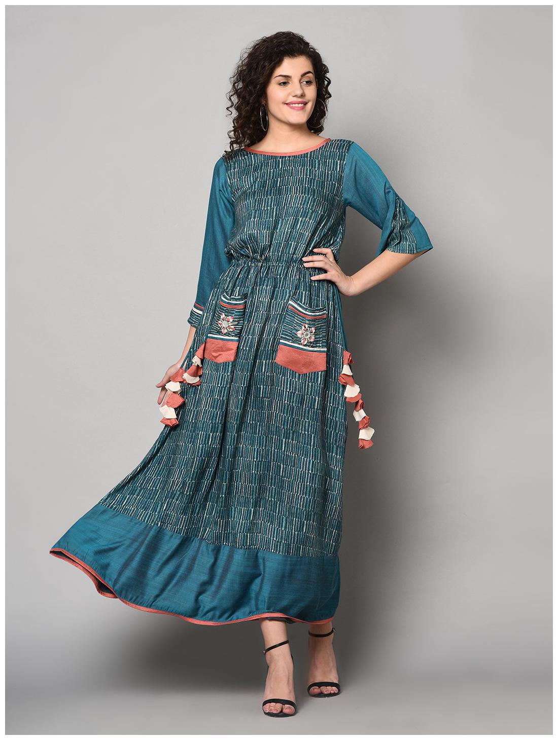 

Znx Clothing Women Cotton Blend Royal Green Designer Anarkali GownDress