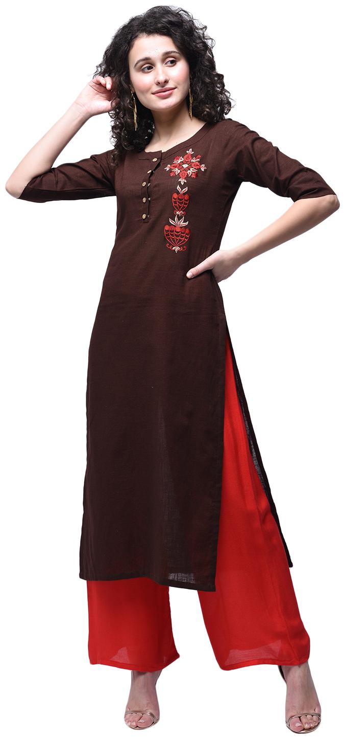 

Zoeyam s Women Brown Embroidered Straight Kurti