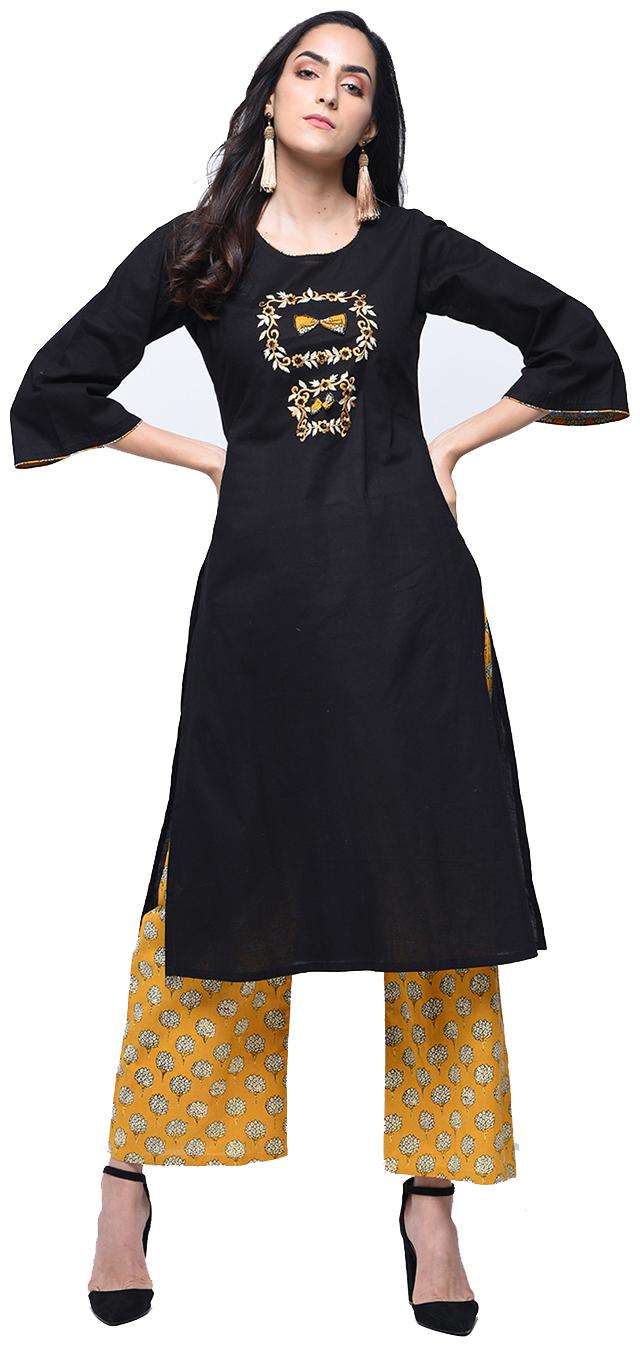 

zoeyam s Womens Black Cotton Computer Embroidery Long Straight Kurta With Cotton Palazzo