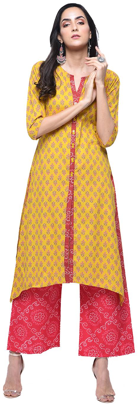 

zoeyam s Womens Yellow Cotton Printed Long Straight Kurta With Cotton Palazzo