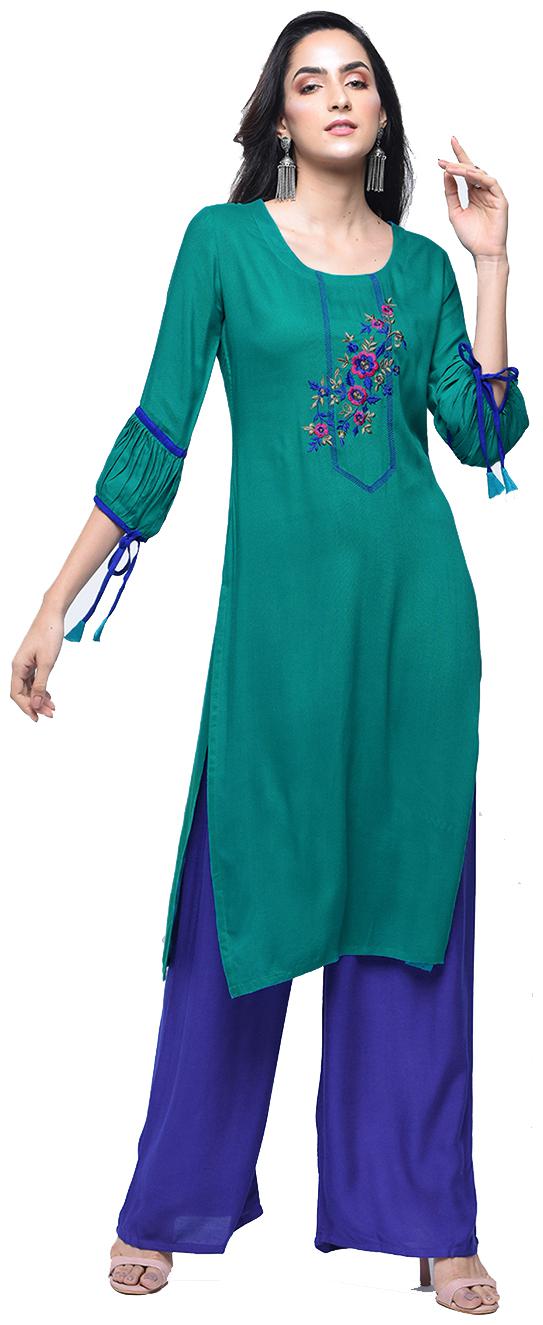 

zoeyam s Womens Greem Rayon Computer Embroidery Long Straight Kurta With Rayon Palazzo