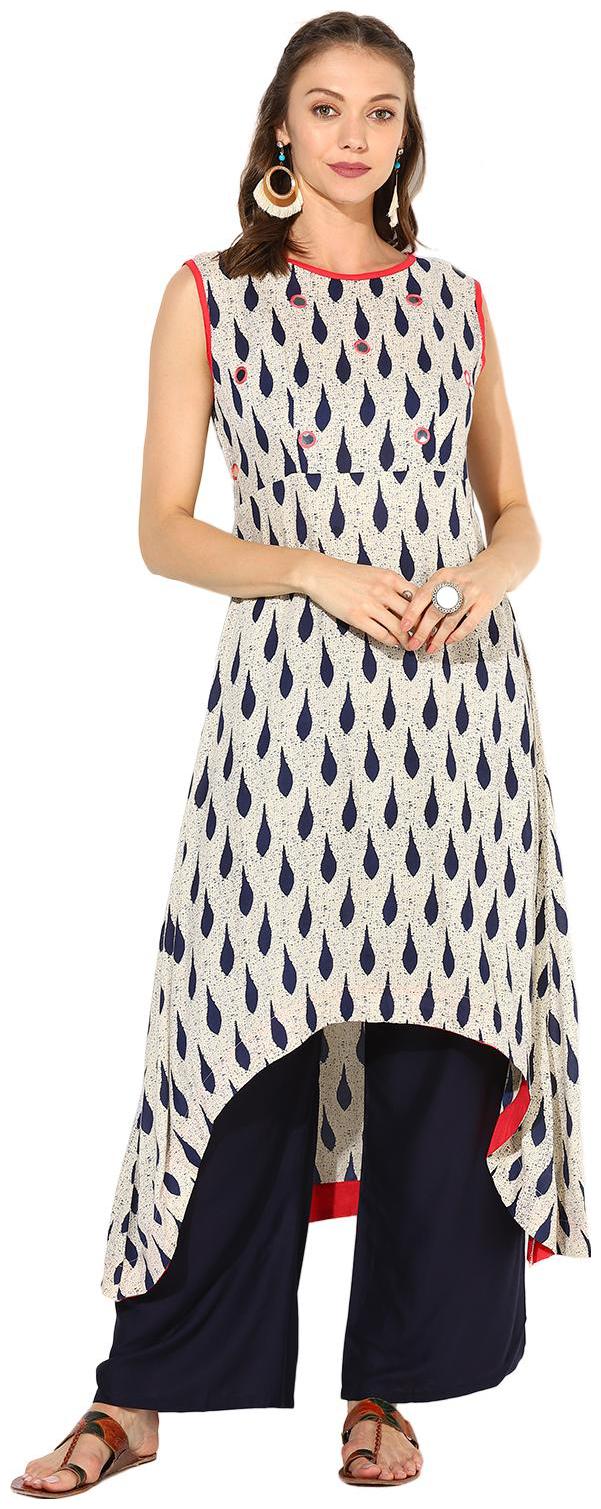 

Zoeyam s Women Multiolored Rayon Digital Printed Long A-Line Kurta With Solid Navy Blue Rayon Palazzo Set