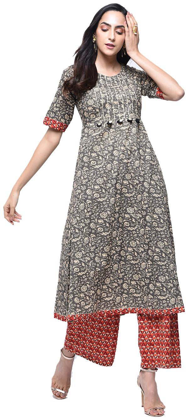 

zoeyam s Womens Multicolored Cotton Printed Long Anarkali Kurta With Cotton Palazzo