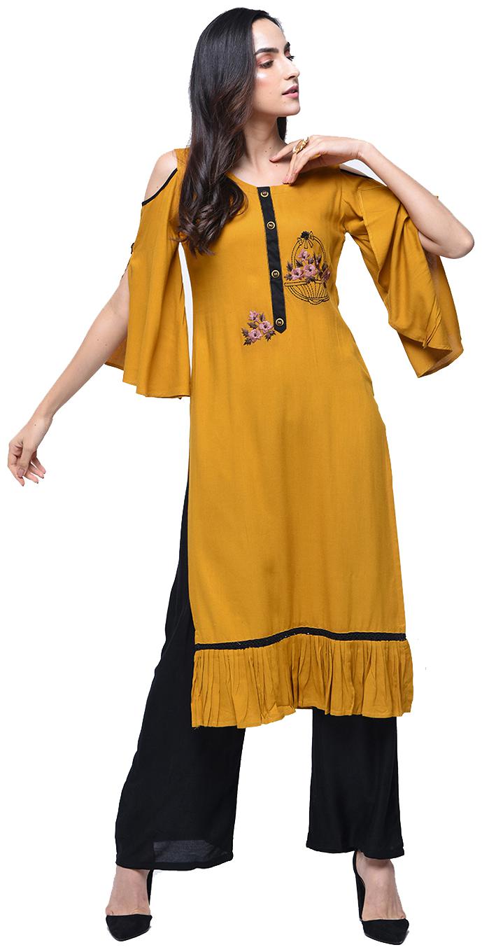 

zoeyam s Womens Yellow Rayon Computer Embroidery Long Straight Kurta With Rayon Palazzo