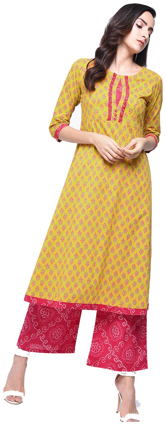 

zoeyam s Womens Yellow Cotton Printed Long Anarkali Kurta With Cotton Palazzo